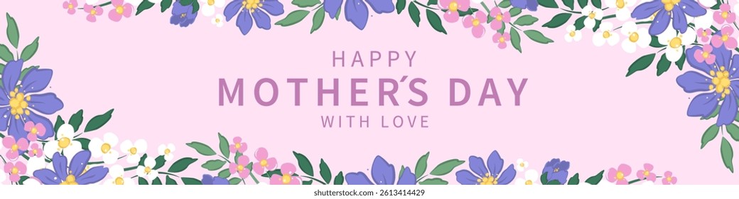 Happy Mother's Day horizontal banner. Spring summer floral design card, poster, label, template. Vector illustration