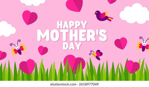 Happy Mother's day Horizontal banner background or poster sale header design  template with flower, grass, paper cut clouds,  sky, butterfly, hot air balloon, parachute, bird.