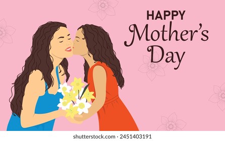 Happy Mother's Day horizontal card. Daughter giving bouquet of narcissus to mom.