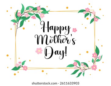 Happy Mothers Day horizontal greeting card, poster, banner. Floral design. Mother's Day celebration card. Vector illustration. Cute flowers, leaves, botanical elements and text on white background. 
