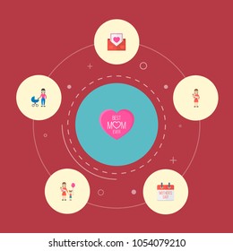 Happy mother's day icon flat layout design with calendar, best mother ever and baby symbols. Lovely mom beautiful feminine design for social, web and print.
