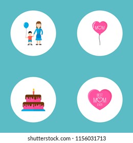 Happy mother's day icon flat layout design with best mother ever, cake and balloon symbols. Lovely mom beautiful feminine design for social, web and print.