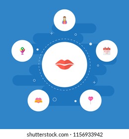 Happy mother's day icon flat layout design with present, lips and balloon symbols. Lovely mom beautiful feminine design for social, web and print.