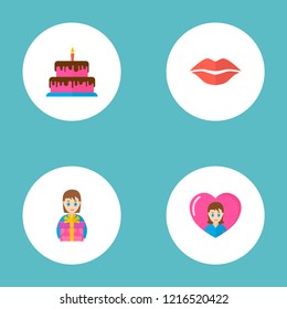 Happy mother's day icon flat layout design with present, lips and loving mam symbols. Lovely mom beautiful feminine design for social, web and print.