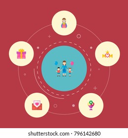 Happy mother's day icon flat layout design with text, lady and postcard symbols. Lovely mom beautiful feminine design for social, web and print.