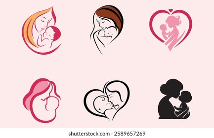 Happy Mothers' Day icon set.A woman with a baby in her arms silhouette┃Mother's day silhouette.mother glyph icon.