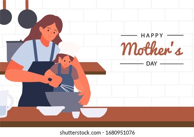 Happy Mothers Day Illustration Background Poster Banner Greeting Card And Other Use. Concept Of Mother And Child Are Cooking Together.