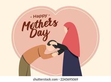 Happy Mothers day illustration. Boy kiss mother hand