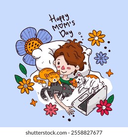 Happy Mother's Day Illustration. Cat Mom. Young Girl with a Pet Cat in Bed Surrounded by Beautiful Flowers. Hand drawn style vector design illustrations.