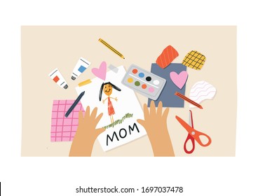Happy Mother's Day - Illustration. Cute Prints With Children Draw For Mom. Online Education And Learning For Kids Concept.