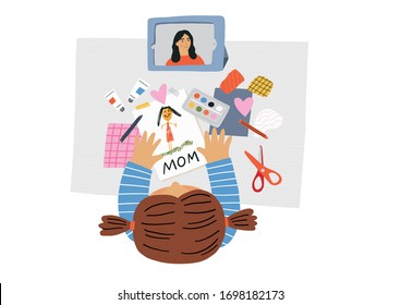 Happy Mother's Day - Illustration. Cute Prints With Children Draw For Mom. Online Education And Learning For Kids Concept.