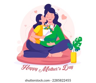 Happy Mother's Day Illustration. The daughter kisses her mother and gives her flowers. Mother and daughter. 