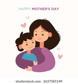 A happy mothers day illustration depicting a loving mother embracing her child with pink hearts.