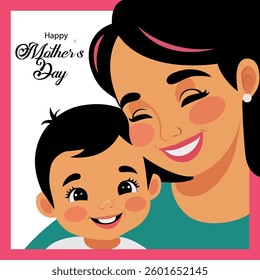 Happy Mother's Day illustration featuring a smiling mother and her cheerful baby, depicted in a modern cartoon style with a warm color palette and elegant calligraphy text.