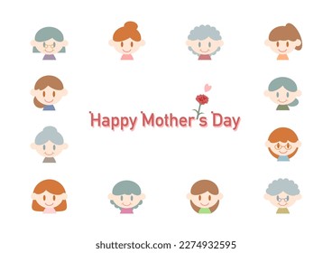 Happy mother's day illustration. Frame design of mothers' face icons. Vector illustration. 