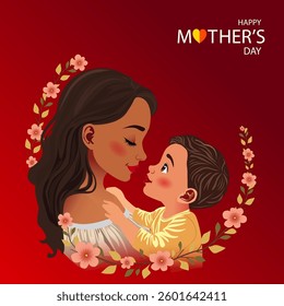Happy Mother's Day Illustration with a Loving Mother and Child, Surrounded by Elegant Floral Wreath on a Red Background – Perfect for Greeting Cards, Social Media, and Posters.