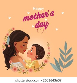 Happy Mother's Day Illustration, A Loving Mother Holding Her Child with Floral Accents on a Soft Peach Background, Perfect for Greeting Cards, Posters, and Social Media Graphics.