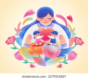 Happy mother's day illustration of miniature kids hugging heart on flowers with mom in the back.