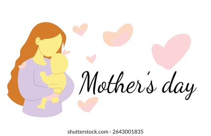 Happy Mother's Day Illustration – Mom Hugging Baby with Love Symbols and Typography
