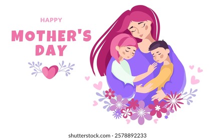 Happy Mother's Day illustration with mother hugging children. Mother hugging her son and daughter, surrounded by floral decorations and cute typography. greeting cards, posters, social media. Vector