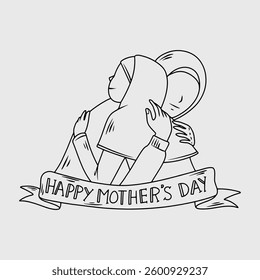 Happy Mother's Day illustration of a Muslim mother hugging her daughter. Thin line illustration