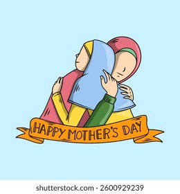 Happy Mother's Day illustration of a Muslim mother hugging her daughter