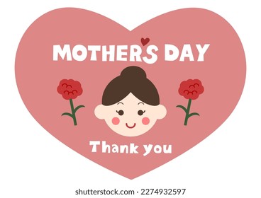 Happy mother's day illustration. Pink heart-shaped icon.  Design of mother's face and red carnation. 