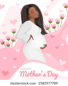 Happy mother's day illustration with pregnant girl in white dress and flowers