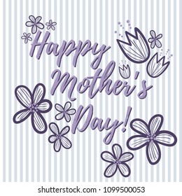 Happy Mother's Day Illustration - Purple Happy Mother's Day typography, hand drawn flowers, and striped background