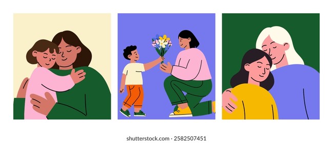 Happy Mother's Day Illustration Set. Modern minimalistic flat illustration. Ideal for Mother’s Day greetings, family-related designs, social media posts, and print materials.