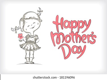 Happy mother's day illustration with a sketch of girl