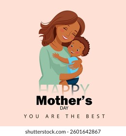 Happy Mother's Day Illustration of a Smiling Mom Embracing Her Child on a Soft Pink Background – Perfect for Greeting Cards, Posters, Social Media, and Holiday Celebrations.