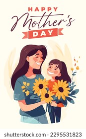 Happy Mother's Day illustration and text with Floral Vector art, Daughter giving flowers to her mother, Anneler Günü Kutlu olsun