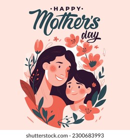 Happy Mother's Day illustration and text with Floral Vector art, Daughter giving flowers to her mother, Anneler Günü Kutlu olsun