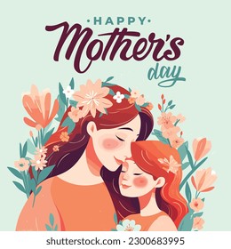 Feliz Día de la Madre ilustración y texto con arte del vector floral, hija dando flores a su madre, Anneler Günü Kutlu olsun