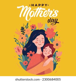 Feliz Día de la Madre ilustración y texto con arte del vector floral, hija dando flores a su madre, Anneler Günü Kutlu olsun