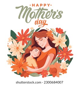 Happy Mother's Day illustration and text with Floral Vector art, Daughter giving flowers to her mother, Anneler Günü Kutlu olsun