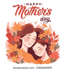 Happy Mother's Day illustration and text with Floral Vector art, Daughter giving flowers to her mother, Anneler Günü Kutlu olsun