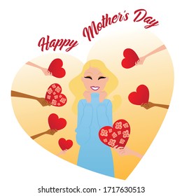 Happy Mother's day illustration. Woman with hearts and flowers gifted. Gift of love vector illustration.