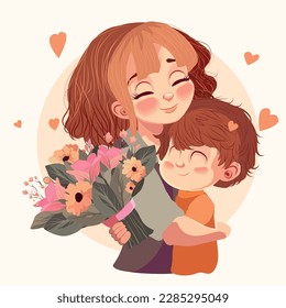 Happy mothers day illustration with woman holding a child. Thank you card with blooming flowers. Use for Boarding Pass, birthday card, invitations, Birthday card Vector illustration