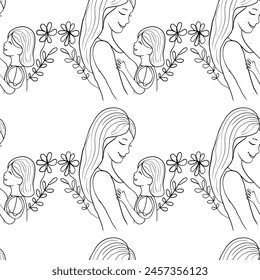 Happy mothers day illustration with woman and child in line art style