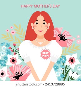 Happy Mother's Day. Illustration of a young woman in a white dress with badge - best mom with floral background. Vector illustration.