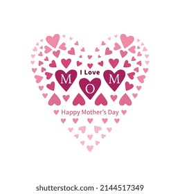 Happy Mother's Day. The inscription I love mom on a white background with hearts. Banner, greeting card.