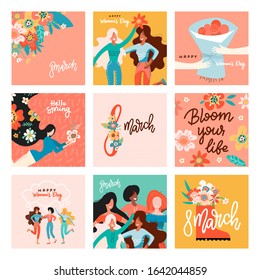 Happy Mothers Day. International Women's Day. Illustration set with women and flowers. Design element for card, poster, banner, and other use.