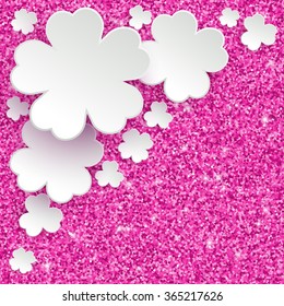 Happy Mothers Day or international women`s day or Easter greeting card, holiday glitter dust sparkle pink background with white paper flowers, vector illustration with place for text