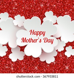 Happy Mothers Day or international women`s day greeting card, holiday glitter dust sparkle red background with white paper flowers, vector illustration with place for text