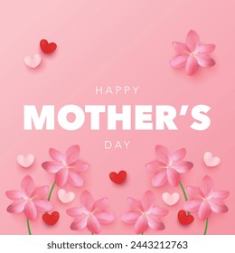 Happy Mother's Day invitation card. Greeting card with pink realistic flowers, white and red hearts, bold white text and pink gradient background. Vector for sale, promotion, social media, website, ad