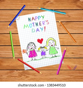 Happy Mothers Day Kids Drawing. Homosexual Lgbt Family with Daughter. Couple of Women with Adopted Girl on Checkered Paper on Wooden Desk Background. Baby Greetings Cartoon Doodle Vector Illustration