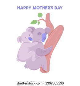 Happy Mother's Day. Koala with baby on a back. Cute Mother koala with offspring sitting on tree.