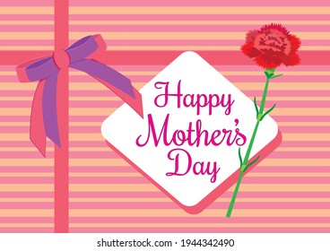 "Happy Mother's Day" Label and Pink Double Ribbon Bow Gift Wrap Design Greeting Card with Carnation